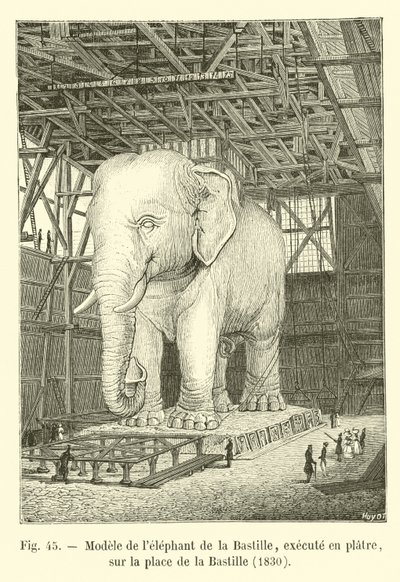 Modelo del elefante de la Bastilla, ejecutado en yeso, en la plaza de la Bastilla, 1830 de French School
