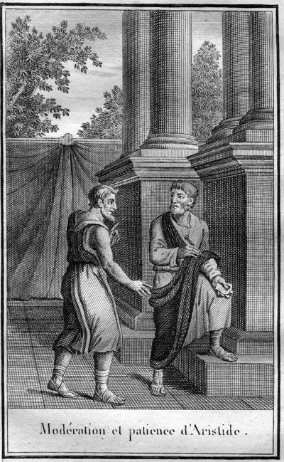 Moderación y paciencia de Aristides el justo (antiguo griego Aristeides), un estadista ateniense, v. 550 en el demo de Alopece, murió 467. En “Bellezas de la historia antigua o hechos y dichos memorables de los grandes hombres”. de French School