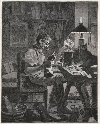 Aplicación moderna por un zapatero de la Pila Vitrea. Globo de vidrio lleno de agua para ser colocado entre una persona y el objeto que contemplan para agrandarlo y hacerlo más visible. Grabado de 1885 en "Les arts et metiers illustres" por A de French School