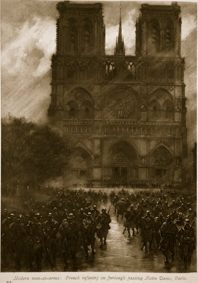 Hombres de armas modernos: Infantería francesa de permiso pasando por Notre Dame, París, 1914-19 de French School