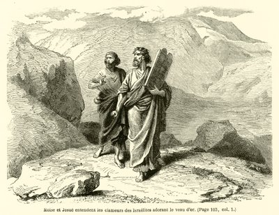 Moisés y Josué oyen los clamores de los israelitas adorando al becerro de oro de French School