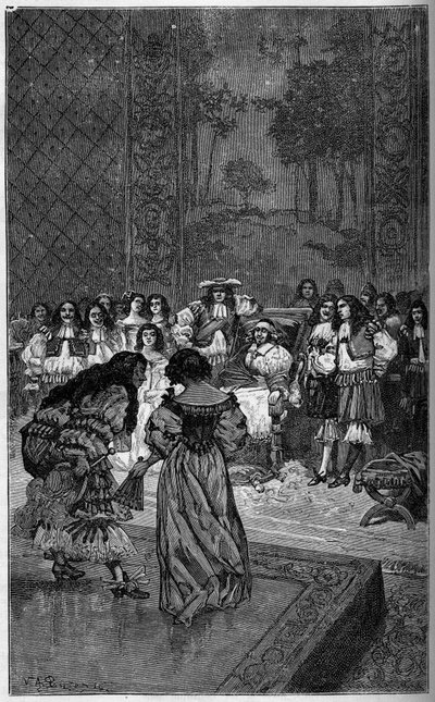 Molière y su compañía actuando ante el Rey Luis XIV y el Cardenal Jules Mazarin (Giulio Raimondo Mazzarino) (1602-1661). Grabado en “El Mundo Ilustre” 1886. de French School