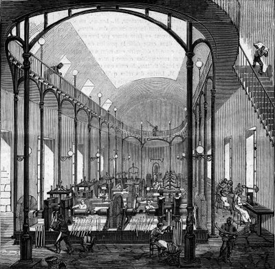 Fabricación de dinero: laminado y corte. Grabado en “Le Monde Illustré” n°145 del 21 de enero de 1860. de French School