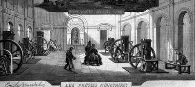 Fabricación de dinero: taller de prensas de dinero. Grabado en “Le Monde Illustré” n°145 del 21 de enero de 1860. de French School