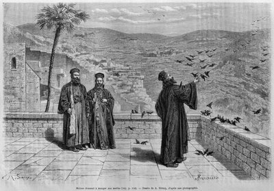 Monje alimentando pájaros, monasterio de Marsaha, de La Syrie daujourdhui. Voyages dans la Phenicie le Liban et la Judee. 1875-1880 de Louis Charles Emile Lortet, 1884 de French School