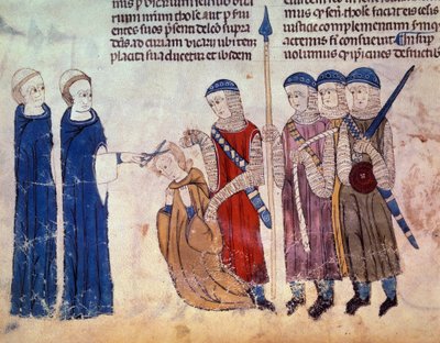 Monje segado como castigo por su libertinaje. Miniatura del manuscrito “Costumbres de Toulouse” (Folio 33V) de French School
