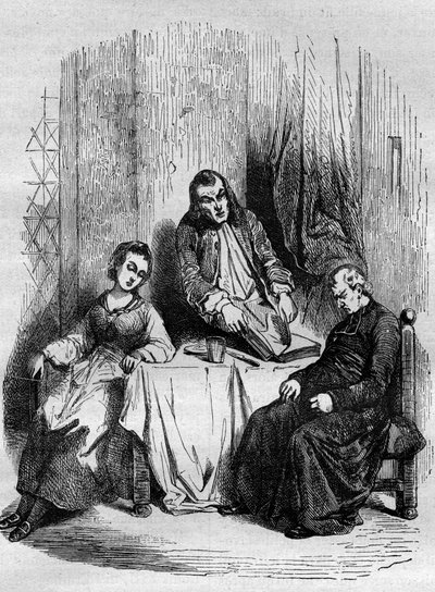 Monsieur De Breteuil, intendente de Limousin, controla los registros parroquiales mantenidos por Dubois, párroco y futuro cardenal. Grabado en 