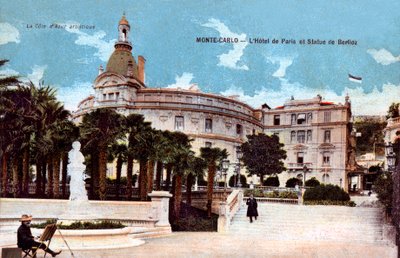 Monte-Carlo, Hotel de Paris y estatua de Berlioz - postal coloreada de principios del siglo XX de French School