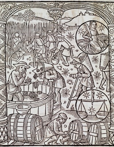 Mes de la cosecha, con signos del zodiaco Virgo y Libra, grabado de Le grand calendrier des bergers, Francia de French School