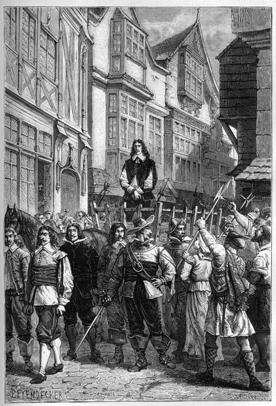 Montrose fue llevado a la cárcel en un carro - James Graham (1612-1650), Marqués de Montrose general escocés exhibido en la High Street de Edimburgo, en 1650 - grabado de “L