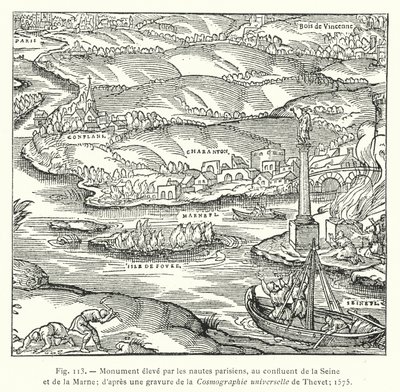 Monumento erigido por los navegantes parisinos, en la confluencia del Sena y el Marne; según un grabado de la Cosmografía universal de Thevet; 1575 de French School