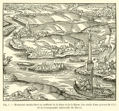 Monumento romano erigido en la confluencia del Sena y el Marne, facsímil de un grabado de 1575, de la Cosmografía universal de Thevet de French School