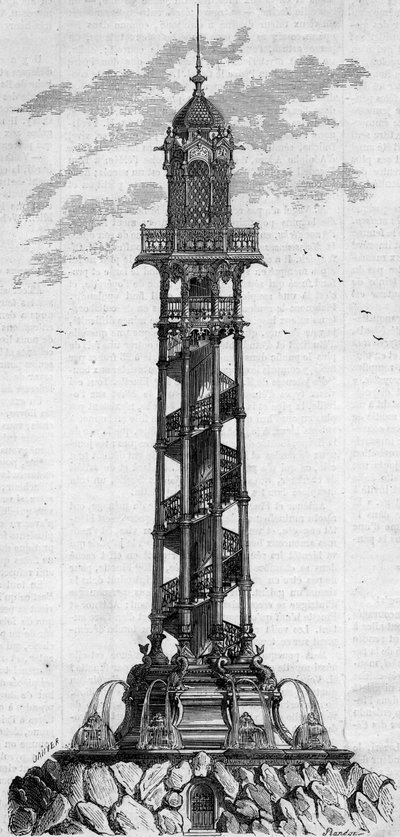 Columna monumental del pozo artesiano de Passy por el ingeniero alemán Charles Gosshelf Kind. Grabado en "Le Monde Illustré" n°25 del 3 de octubre. de French School