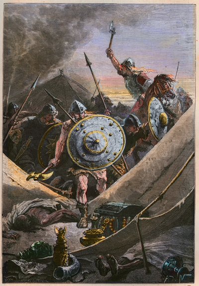 Invasiones moras en la Edad Media: Los francos liderados por Carlos Martel atacan el campamento militar de los sarracenos durante la Batalla de Tours (Batalla de Poitiers), deteniendo la invasión musulmana en el año 732 de French School