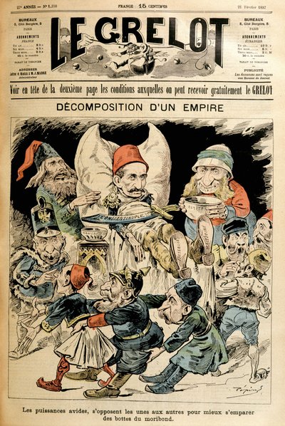 Turquía moribunda y potencias extranjeras luchando por sus botas, portada de “Le Grelot” 21/2/1897 de French School