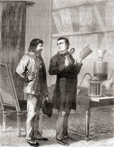 Moritz von Jacobi, a la derecha, descubriendo la galvanoplastia o electrotipia en 1838, de Les Merveilles de la Science, publicado c.1870 de French School
