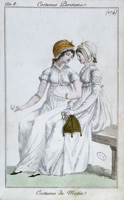 Vestido de mañana, lámina de moda de Costumes Parisiens, 1800 de French School