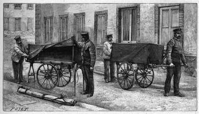Depósitos mortuorios en París: carros armados utilizados para transportar cuerpos al depósito. Grabado en "La Nature. Revue des sciences et de ses aplicaciones aux arts et a l