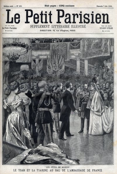 Celebraciones en Moscú: Zar Nicolás II de Rusia (1868-1918) y Zarina Alexandra Fiodorovna Romanova (1872-1918) en el Baile de la Embajada Francesa, en "Le Petit Parisien". de French School