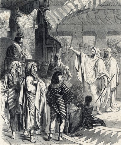 Moisés y Aarón visitando al faraón (Moses and Aaron visiting the pharaoh) Grabado de la "Historia Sagrada" de Lahure siglo XIX de French School