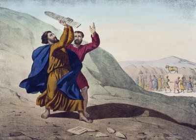 Moisés rompiendo las Tablas de la Ley y la Adoración del Becerro de Oro, ilustración de un catecismo L
