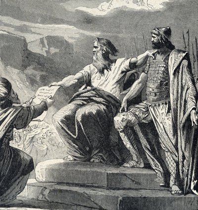 Moisés ordena al pueblo de Israel que reconozca la autoridad de Josué (Moisés elige a josué como su sucesor) Grabado de la "Historia Sagrada" de Lahure Siglo XIX Colección particular de French School