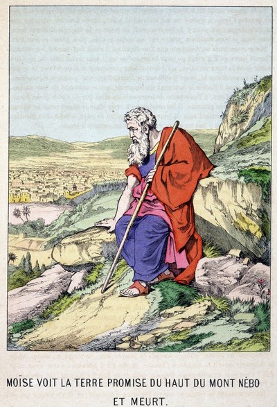 Moisés ve la tierra prometida desde la cima del Monte Nebo y muere - en “Vida de Moisés”, ed. Olivier Pinot, Epinal, finales del siglo XIX de French School