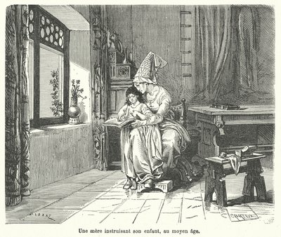 Madre enseñando a su hijo en tiempos medievales (grabado) de French School