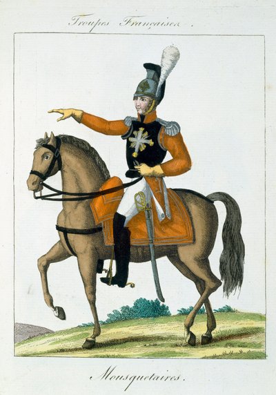 Mosquetero Montado, de Troupes Francaises, pub. chez Basset, París, c.1790 de French School