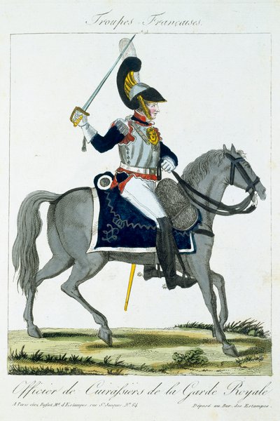 Oficial Montado de los Coraceros de la Guardia Real, de Troupes Francaises, pub. chez Basset, París, c.1790 de French School