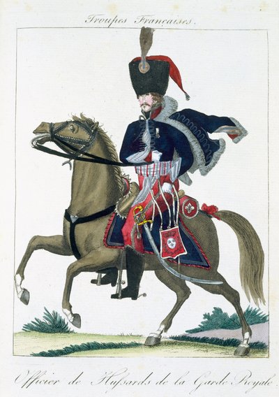 Oficial Montado de los Húsares de la Guardia Real, de Troupes Francaises, pub. chez Basset, París, c.1790 de French School