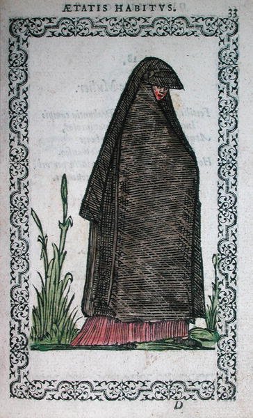 Ropa de luto de Bayona, ilustración de un libro sobre trajes publicado en Amberes de French School
