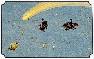 El Sr. Baboulifiche y su sirviente Papavoine montando un murciélago en el espacio - en “Viaje a la luna” de A. de Ville-d