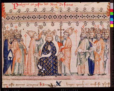 Ms.1469 f.1 La consagración de Philippe III le Hardi (1245-85) Rey de Francia, de las Grandes Crónicas de Francia, 1375-79 de French School