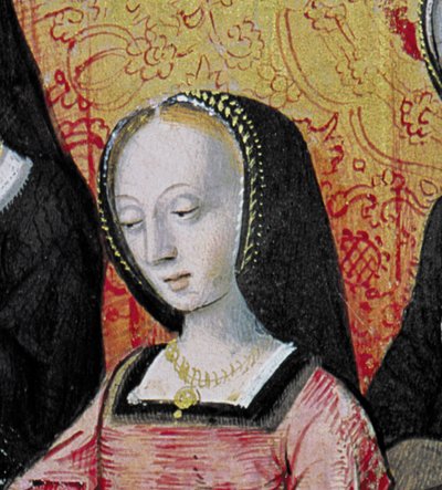 El autor ofreciendo su libro a Ana de Bretaña (detalle) de French School