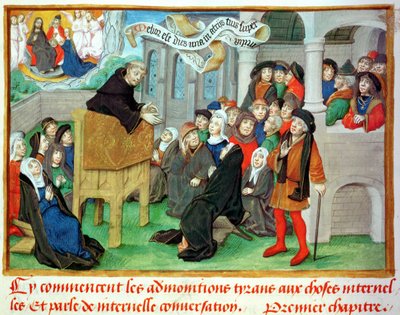 Ms.230 fol.57 Monje predicando sobre la imitación, de Sermones sur la Passion et Traites Divers por Jean de Gerson (1363-1429) de French School