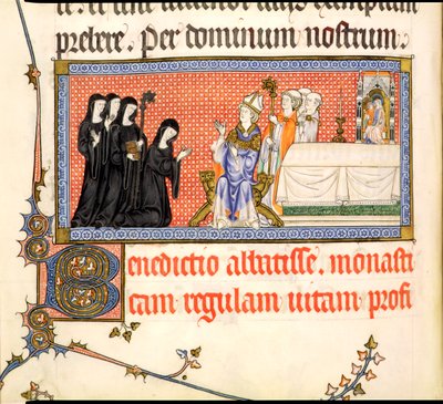La Presentación de una Abadesa, del Pontifical de Metz, escrito para Raymond Bar, Obispo de Metz, 1302-16 de French School