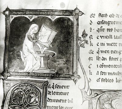 Ms.3142 fol.256 María de Francia (fl. siglo XII) escribiendo, de una Antología de Poemas Franceses, c.1280-90 (detalle) de French School