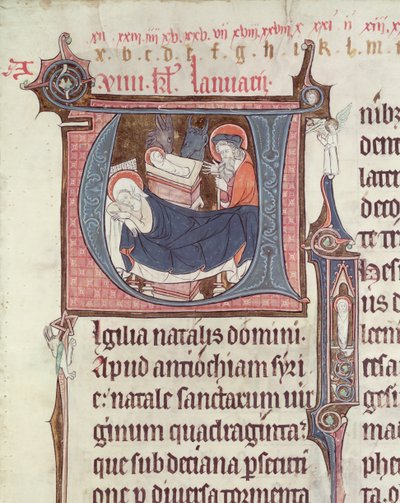 Ms.838 fol.55 Iniciales historiadas U e I que representan la Natividad y el Niño Cristo, del Obituaire de Notre Dame de Pres, después de 1270 de French School