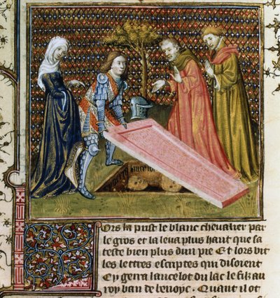 Lancelot levanta la piedra de su propia tumba predestinada y aprende su nombre y parentesco, del Livre de Messire Lancelot du Lac de French School