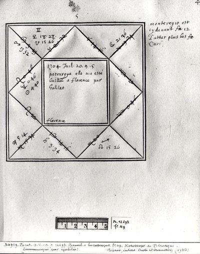 Ms.Fr.12293 fol.49 Horóscopo de Petrarca (1304-74) por Galileo, de una colección de horóscopos de figuras del siglo XIV al XVII de French School