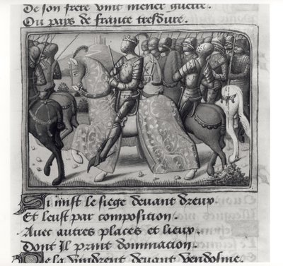 Ms. Fr.5054 fol.26 r Carlos VII (1403-61) y Juana de Arco en el sitio de Dreux, de Les Vigiles de Charles VII por Martial d