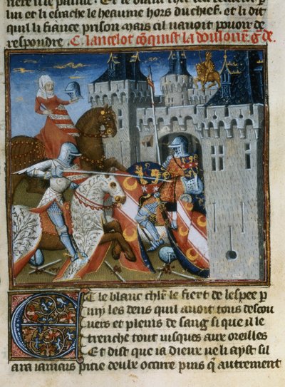 Sir Lancelot captura Dolorous Garde con la ayuda de un nuevo escudo dado por la Dama del Lago, del Livre de Messire Lancelot du Lac de French School