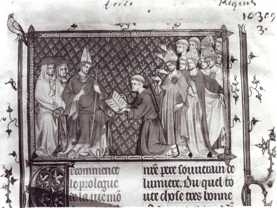 Ms.Fr. 5716 f.2 Jean dAntioch ante Martín IV, de Vida y Milagros de San Luis, c.1330-40 de French School