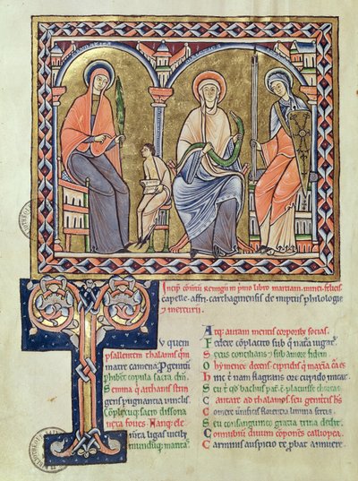 Ms 1041 f.1v Gramática, Dialecto y Retórica de Satyricon por Martianus Capella, c.1200 de French School