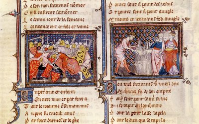 Júpiter contra Saturno: Saturno enseñando a los lombardos cómo usar una hoz, del Ovide Moralise escrito por Chretien Legouais de French School