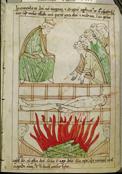 El martirio de San Lorenzo en 258 d.C., de una Biblia de French School
