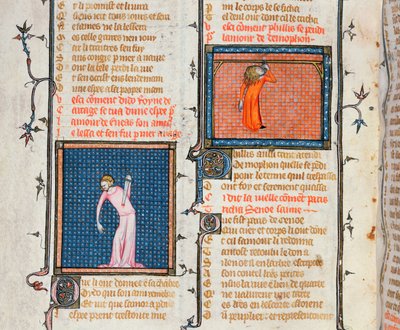 El suicidio de Dido con la espada y el suicidio de Phyllis por ahorcamiento, de Le Roman de la Rose por Guillaume de Loris y Jean de Meung, c.1360-70 de French School