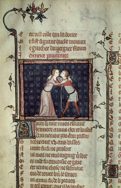 Ms 1126 fol.8r Juventud y Amor abrazándose, de Le Roman de la Rose por Guillaume de Loris y Jean de Meung de French School