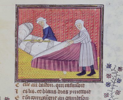 Castidad y Pobreza haciendo una cama, de Le Roman des Trois Pelerinages por Guillaume de Digulleville de French School